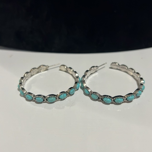 New one and a half inch silver tone and turquoise colored hoop, styled earrings - Picture 2 of 5